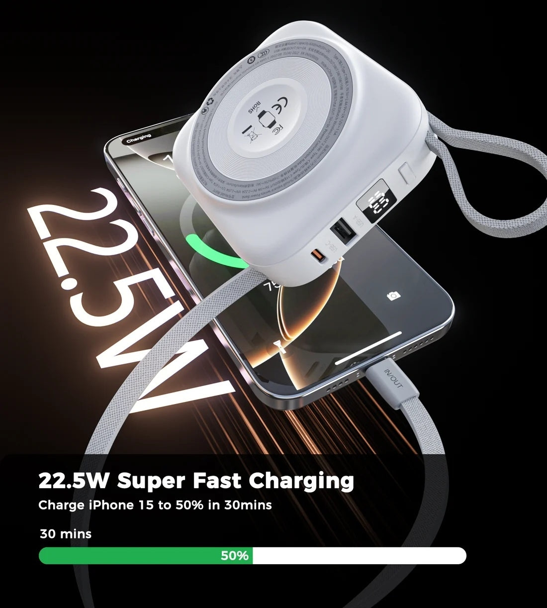 Choetech B697C-WH 10000mAh LED display 22.5W power bank for Mobile and Apple watch/Airpods CCC Certified  - Image 5