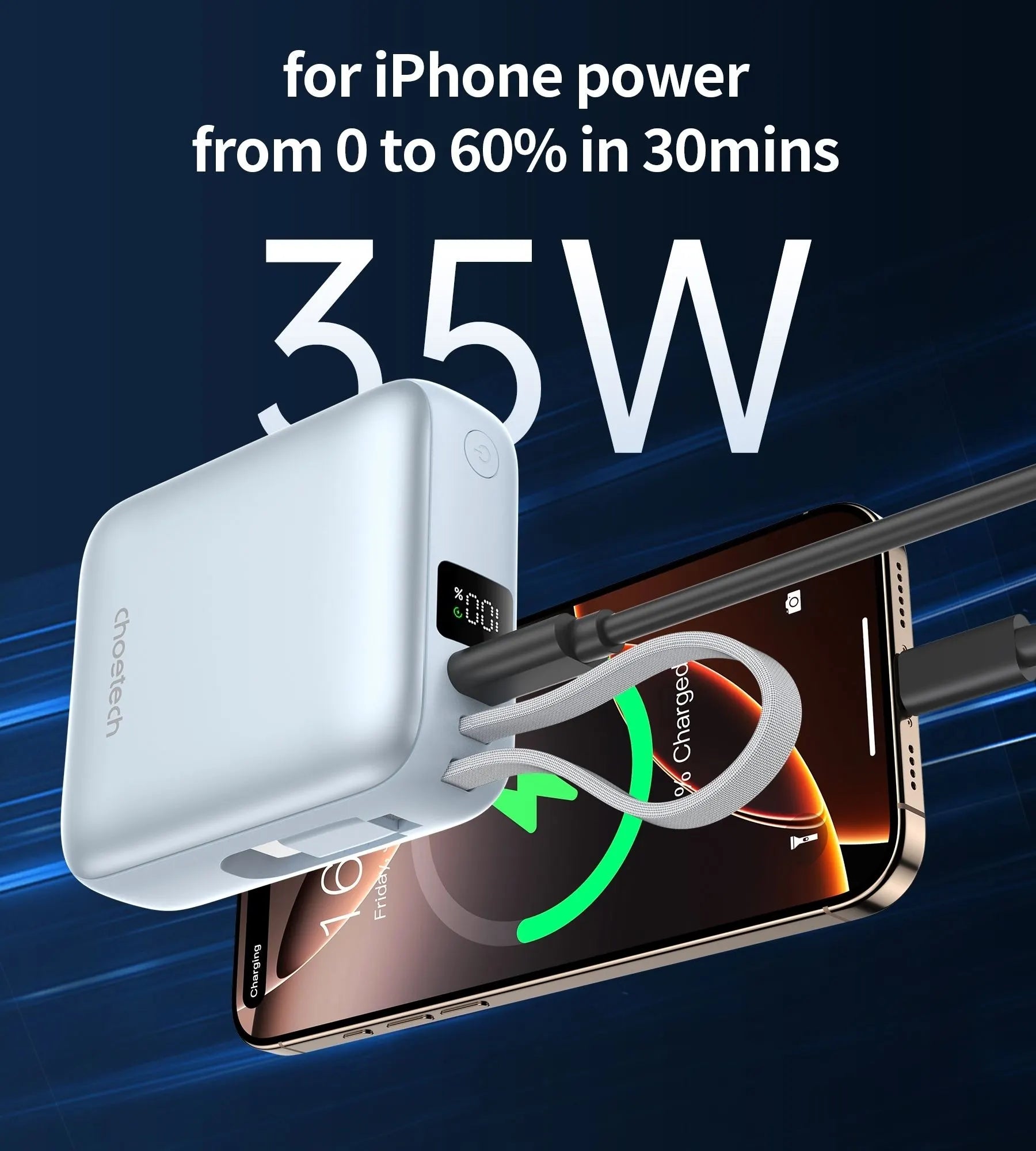 CHOETECH B832-BL Mini 35W 10,000mAh Power Bank with LED Display + USB-C Cable Light Blue - Image 4