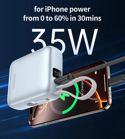 CHOETECH B832-BL Mini 35W 10,000mAh Power Bank with LED Display + USB-C Cable Light Blue - Image 4
