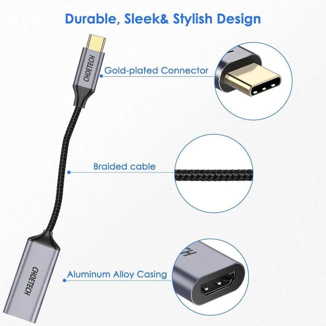 CHOETECH HUB-H21 USB-C to HDMI 4k 60Hz Braided Video Cable Cord Adapter - Image 4