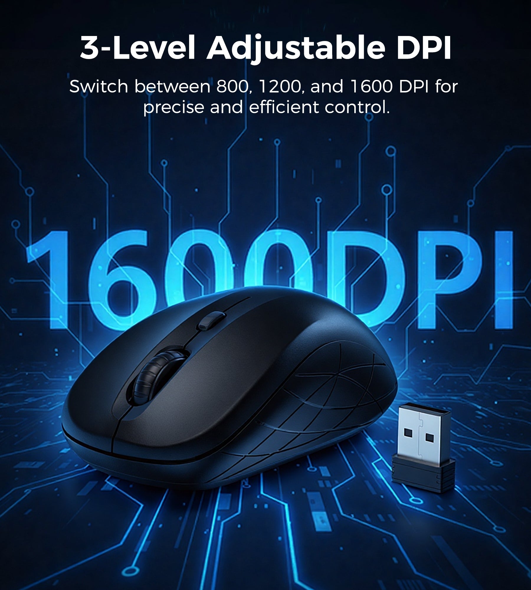 Choetech KB-002-BK 3-Level Adjustable 1600 DPI Wireless Mouse (Black) - Image 4