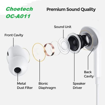 Choetech OC-A011 USB-C In-Ear Headphones 1.2m - White - Image 3