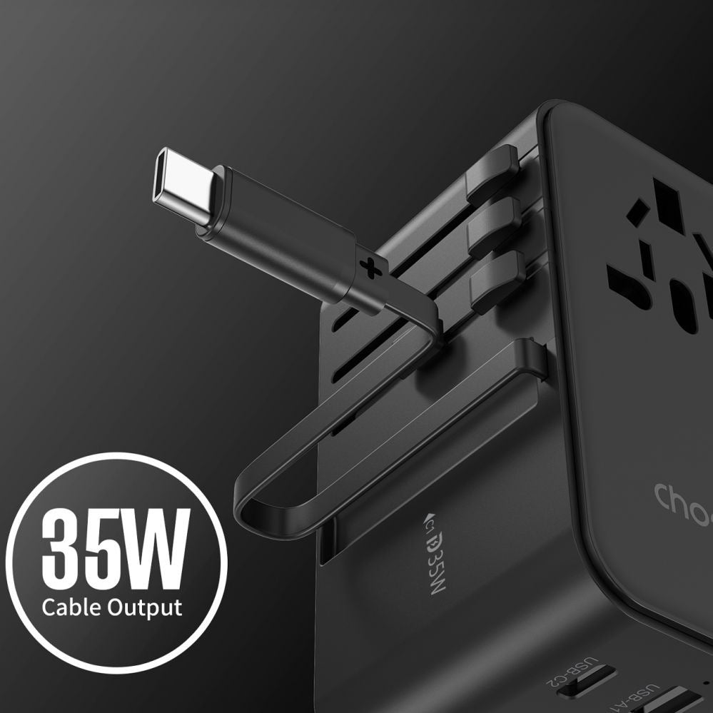 CHOETECH PD5020 35W EU/US/AUS/UK Travel Adapter with Built-in USB-C Cable - Black - Image 2