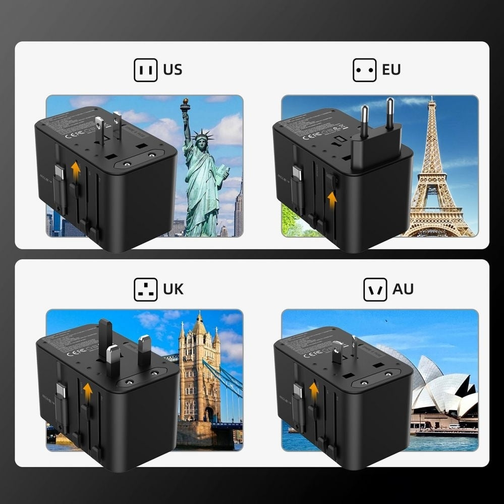 CHOETECH PD5020 35W EU/US/AUS/UK Travel Adapter with Built-in USB-C Cable - Black - Image 4