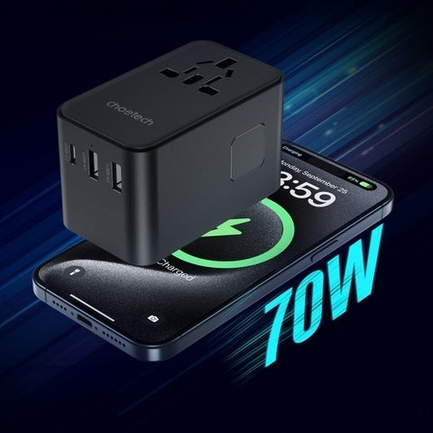 CHOETECH PD5022 70W EU/US/AUS/UK Travel Adapter with Built-in USB-C Cable - Black - Image 2