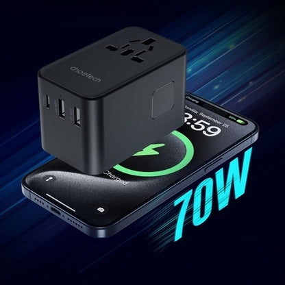 CHOETECH PD5022 70W EU/US/AUS/UK Travel Adapter with Built-in USB-C Cable - Black - Image 2