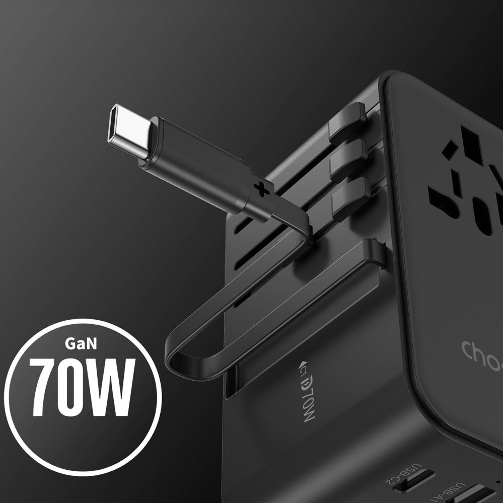 CHOETECH PD5022 70W EU/US/AUS/UK Travel Adapter with Built-in USB-C Cable - Black - Image 3
