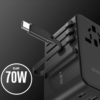 CHOETECH PD5022 70W EU/US/AUS/UK Travel Adapter with Built-in USB-C Cable - Black - Image 3