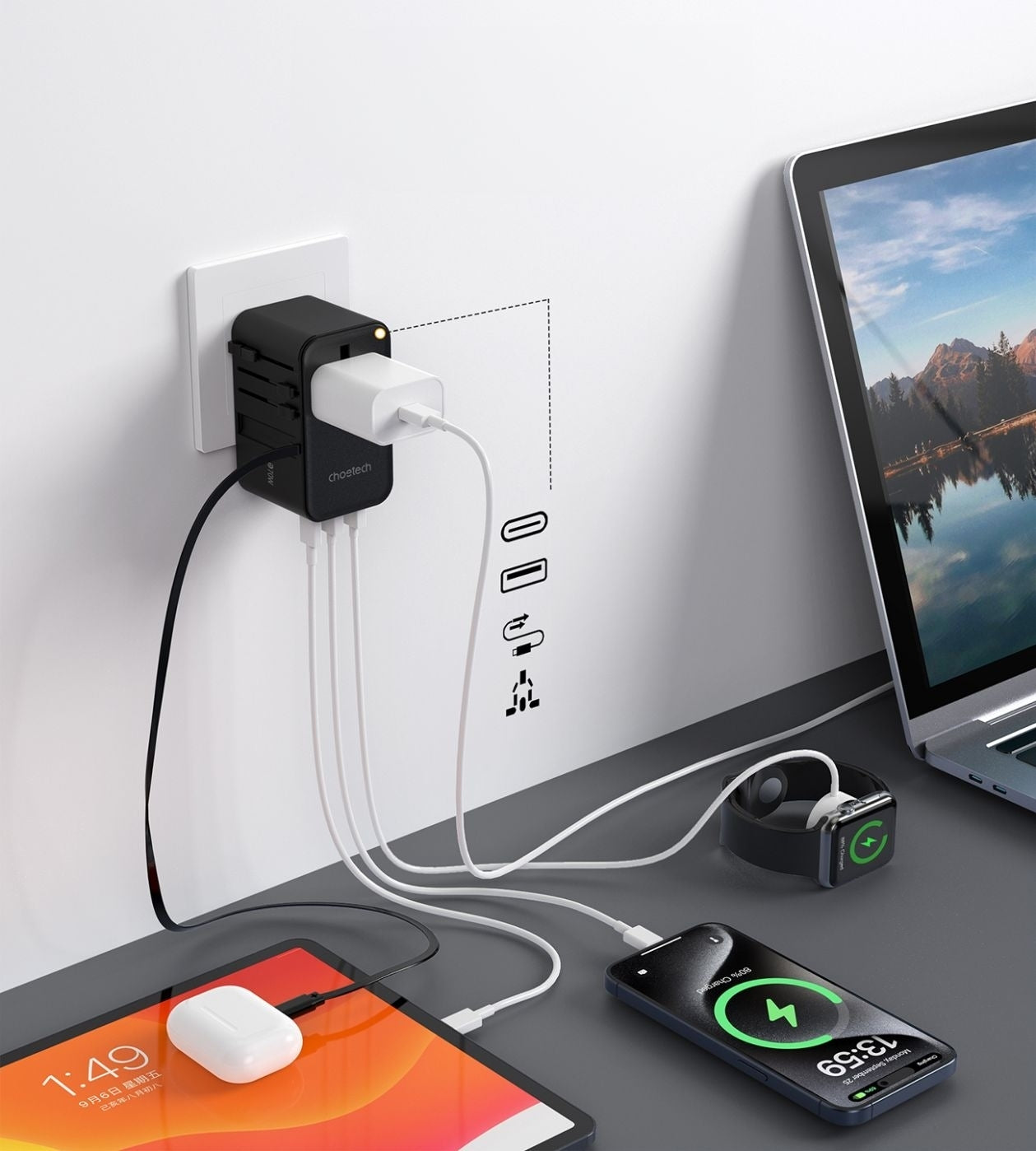 CHOETECH PD5022 70W EU/US/AUS/UK Travel Adapter with Built-in USB-C Cable - Black - Image 4