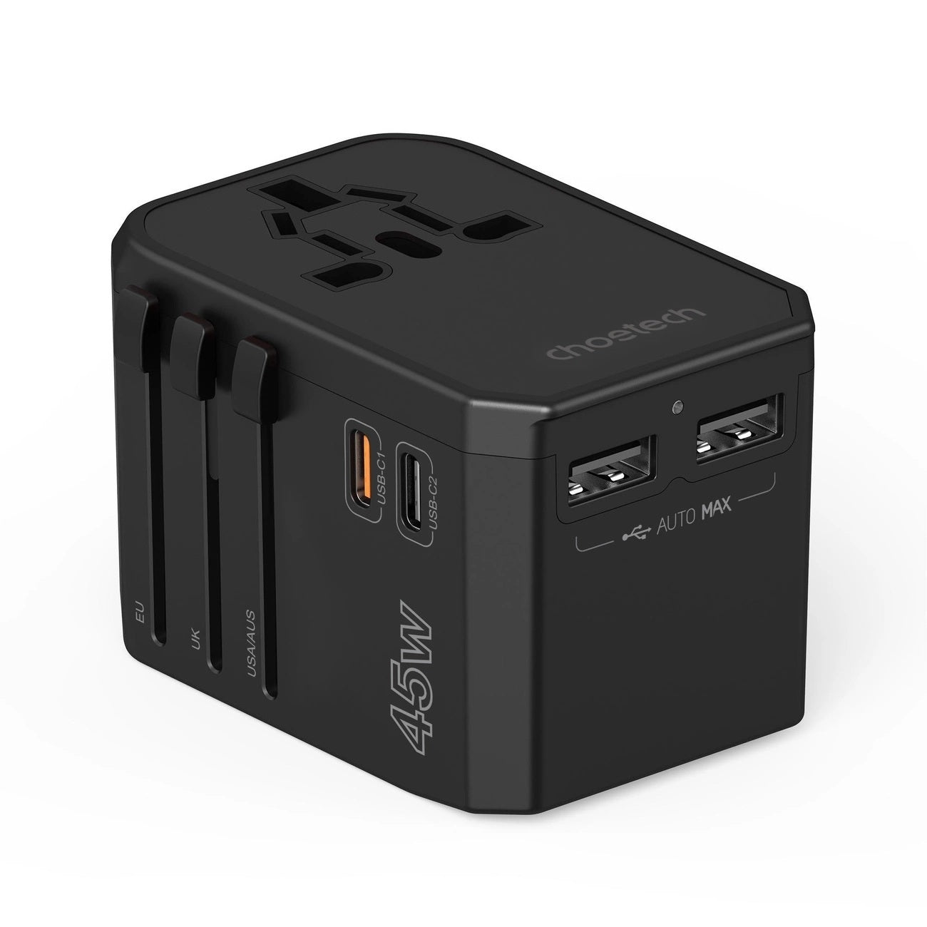 CHOETECH PD6045 GaN Tech 2C+2A 45W Travel Adapter with US EU UK AU Plugs Black - Image 4