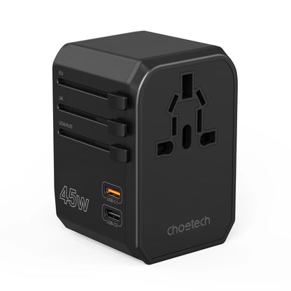 CHOETECH PD6045 GaN Tech 2C+2A 45W Travel Adapter with US EU UK AU Plugs Black - Image 6