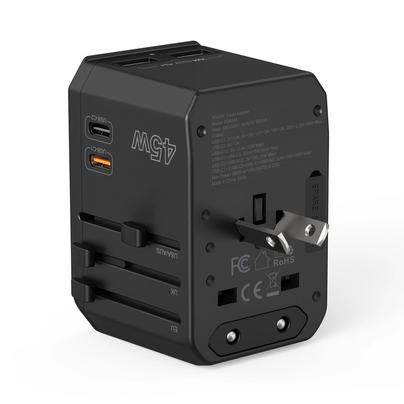 CHOETECH PD6045 GaN Tech 2C+2A 45W Travel Adapter with US EU UK AU Plugs Black - Image 8