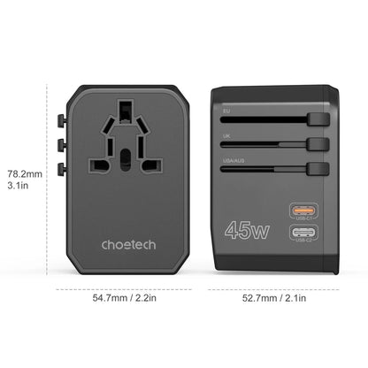 CHOETECH PD6045 GaN Tech 2C+2A 45W Travel Adapter with US EU UK AU Plugs Black - Image 9