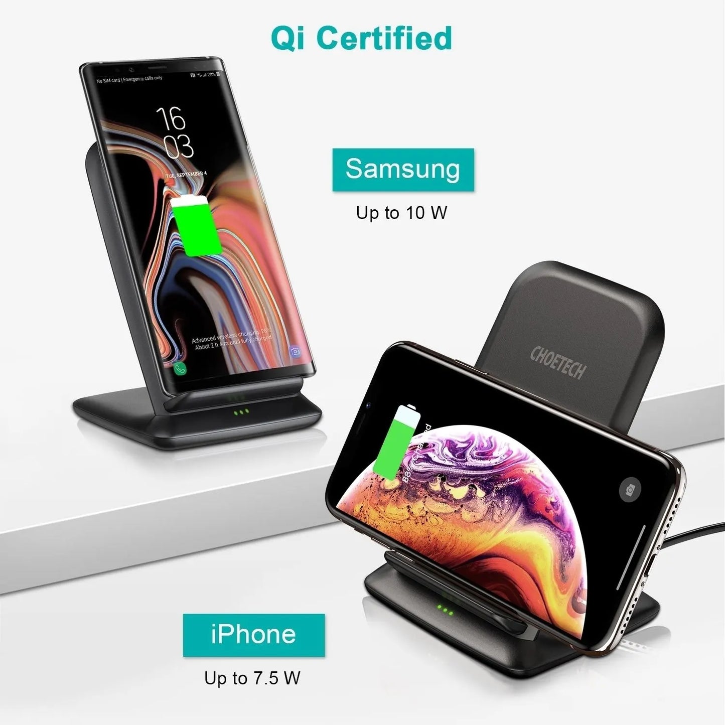 CHOETECH T555-F 15W Fast Wireless Dual Coils Charger Stand Qi for iPhone/Samsung Black - Image 3