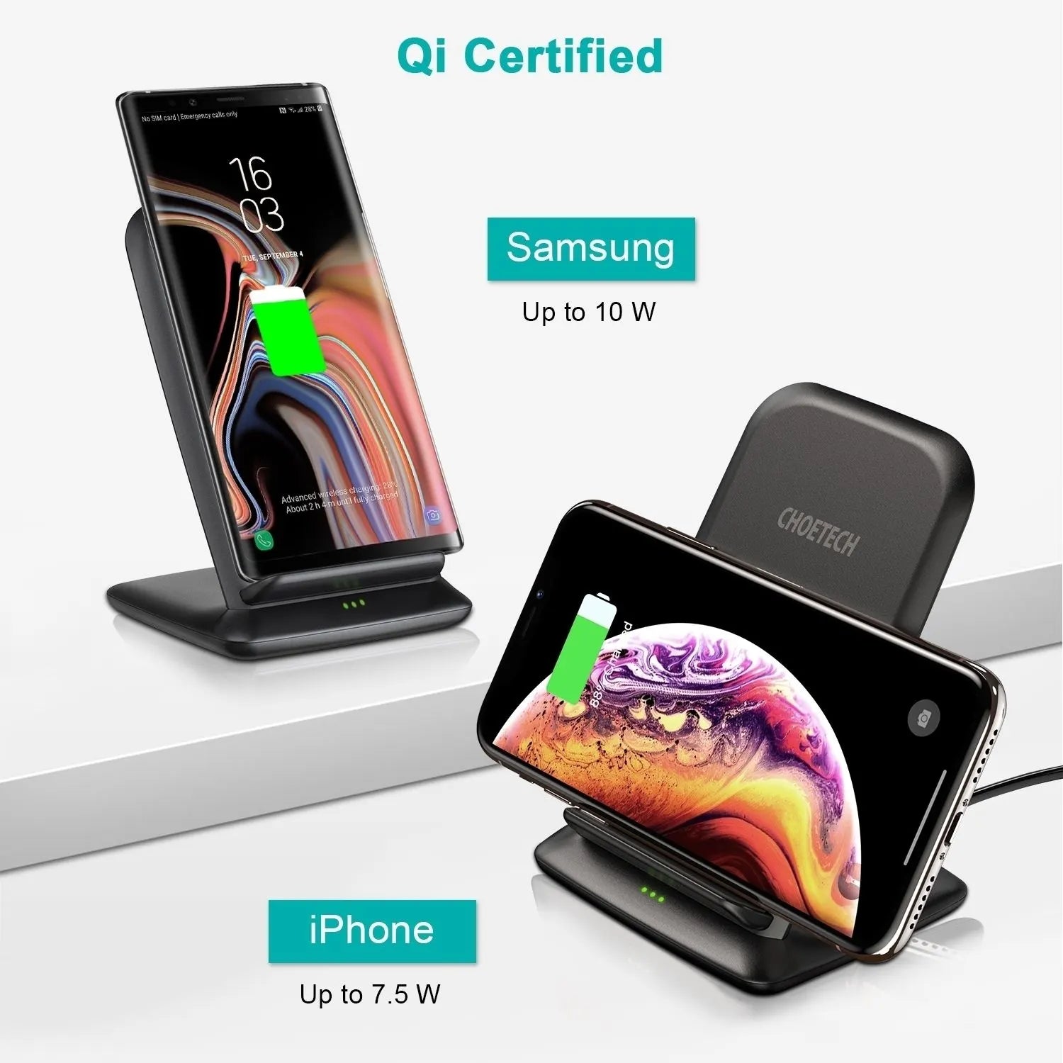 CHOETECH T555-F 15W Fast Wireless Dual Coils Charger Stand Qi for iPhone/Samsung Black - Image 3