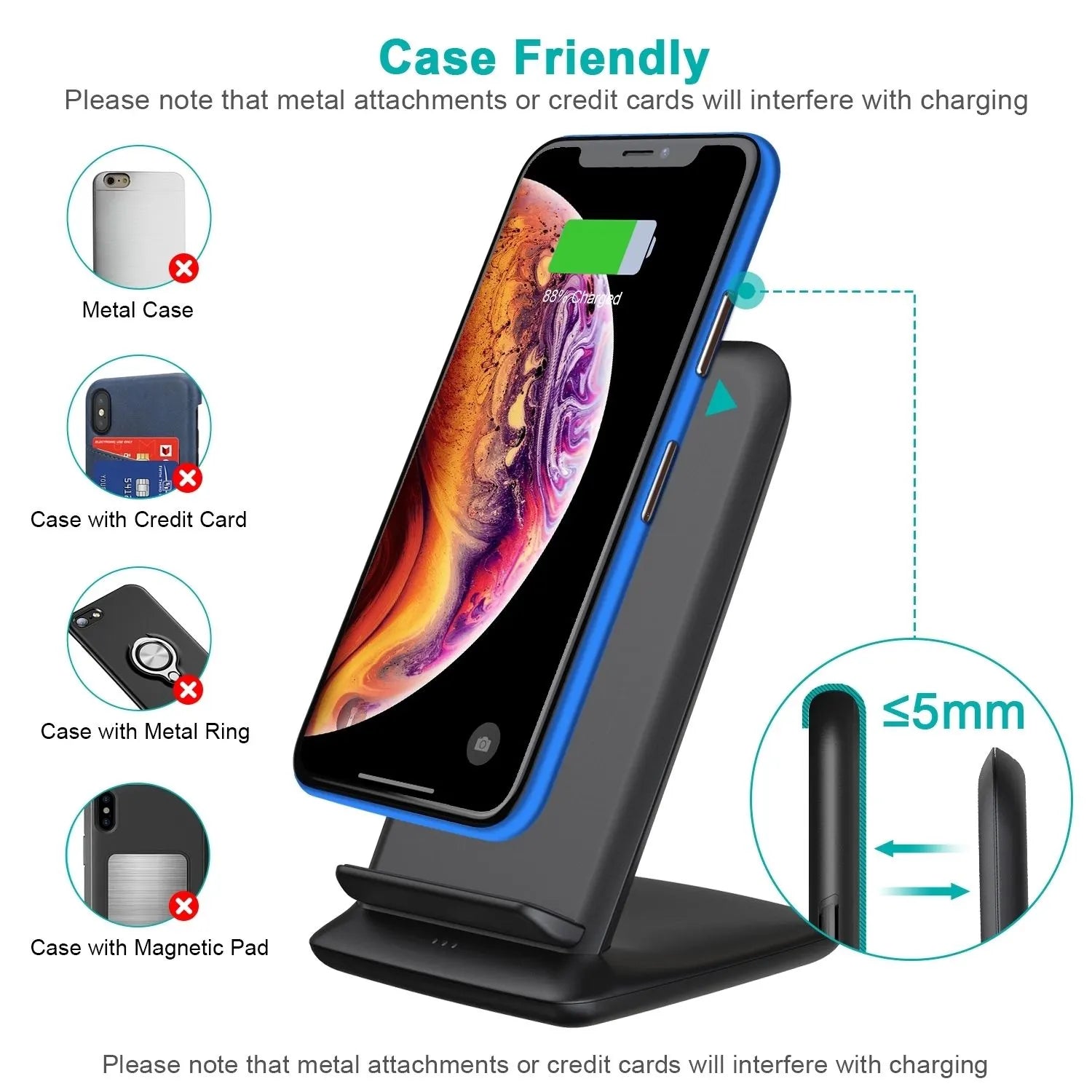 CHOETECH T555-F 15W Fast Wireless Dual Coils Charger Stand Qi for iPhone/Samsung Black - Image 4