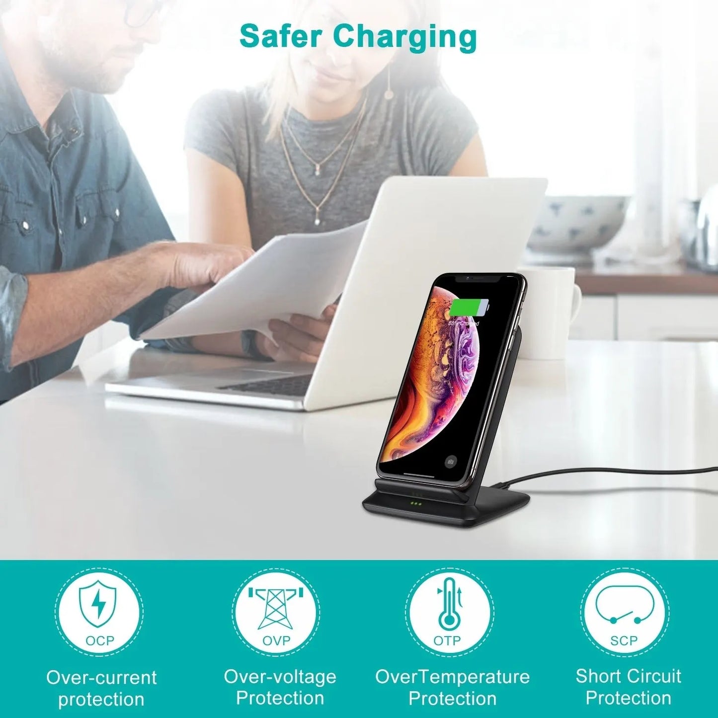 CHOETECH T555-F 15W Fast Wireless Dual Coils Charger Stand Qi for iPhone/Samsung Black - Image 7