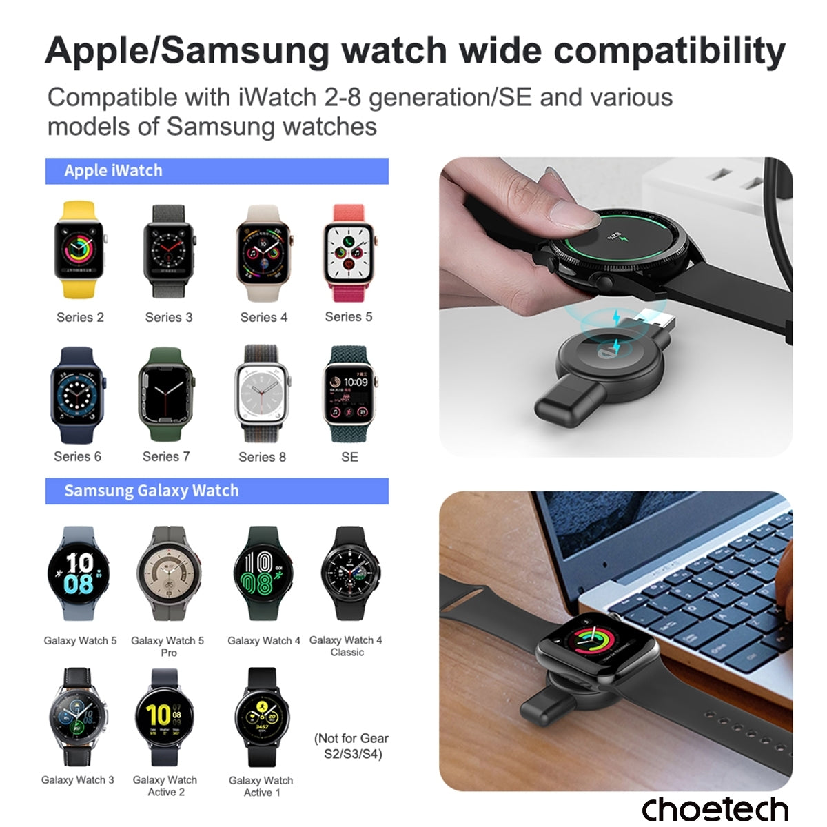 CHOETECH T606-F USB-A +USB-C Magnetic Charger for Samsung & Apple Watch - Image 3