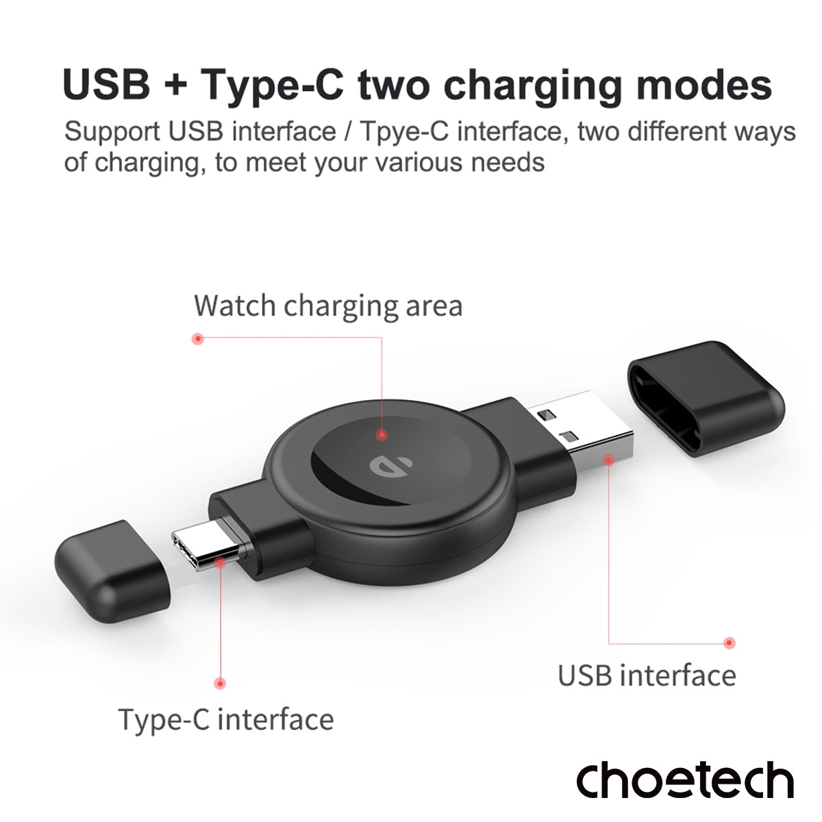 CHOETECH T606-F USB-A +USB-C Magnetic Charger for Samsung & Apple Watch - Image 4