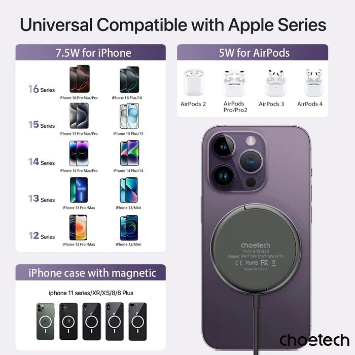 CHOETECH T697-F 15W/7.5W/5W magnetic charger for iPhone, Air Pods and more 1.5M Black - Image 5