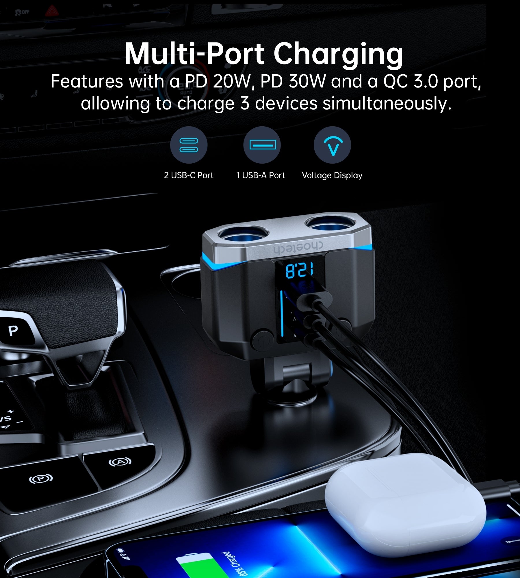 CHOETECH TC0020 45W 2 Sockets + 2x USB-C + 1x USB-A Cigarette Lighter Splitter - Image 3