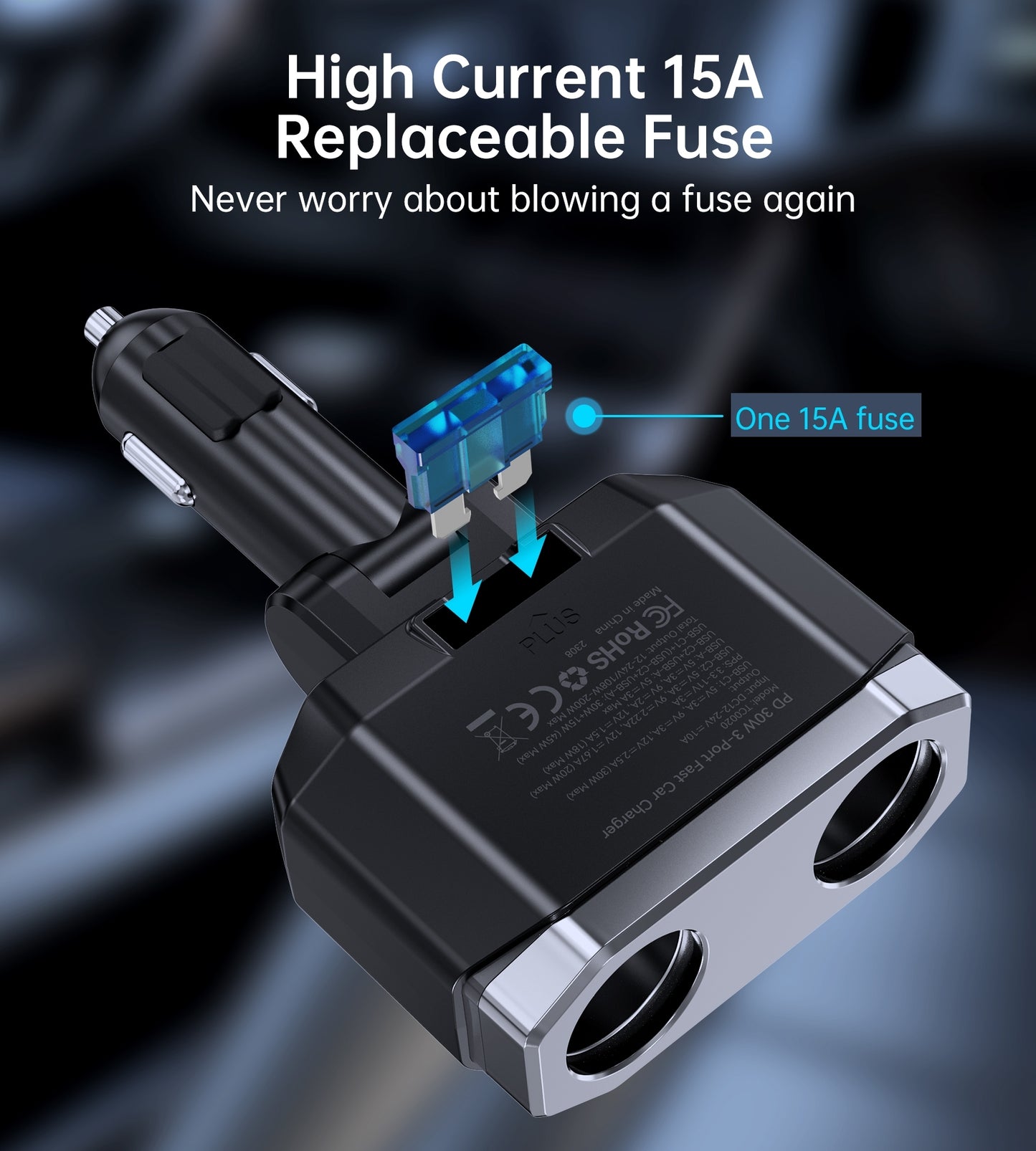 CHOETECH TC0020 45W 2 Sockets + 2x USB-C + 1x USB-A Cigarette Lighter Splitter - Image 6