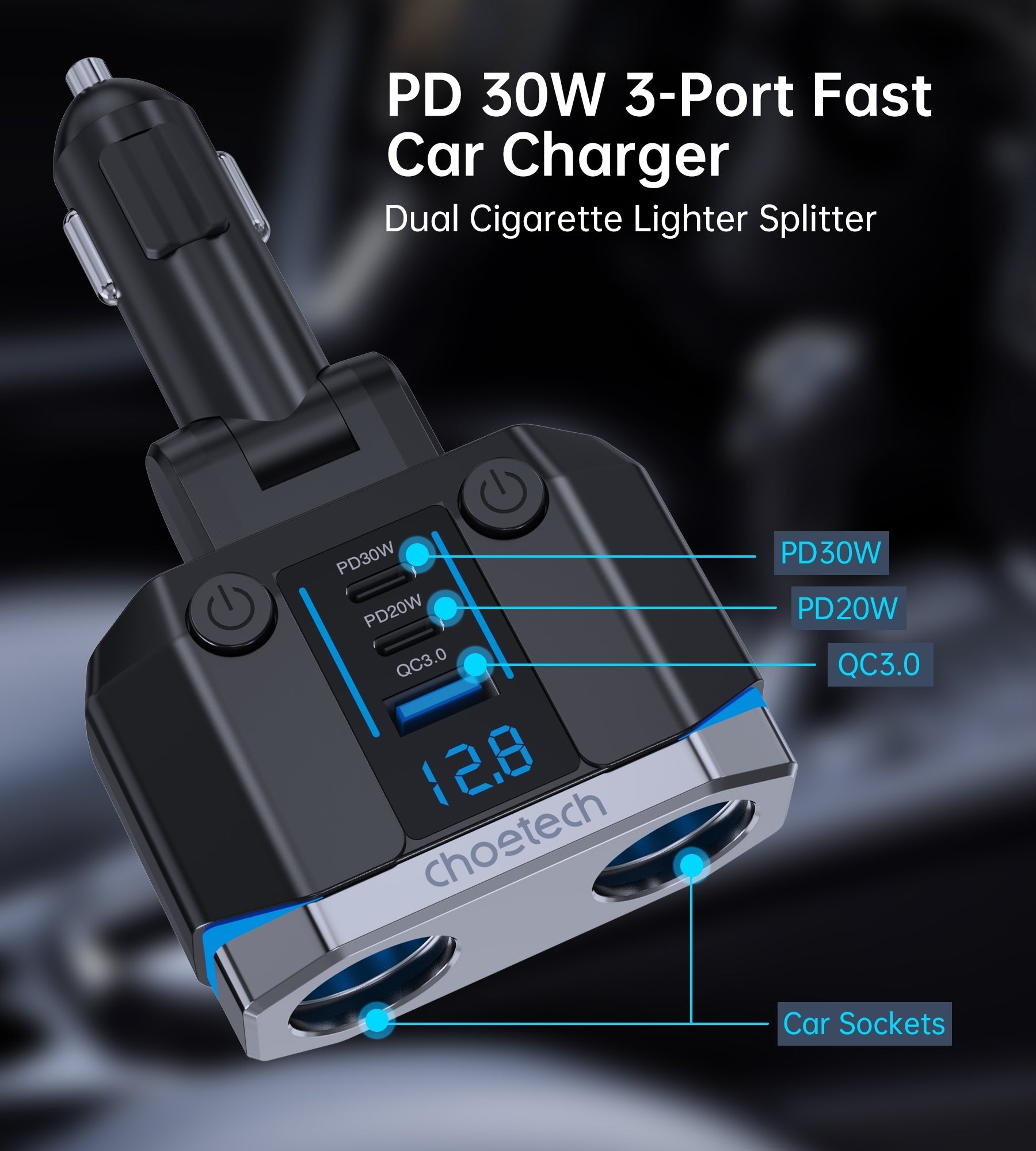 CHOETECH TC0020 45W 2 Sockets + 2x USB-C + 1x USB-A Cigarette Lighter Splitter - Image 9