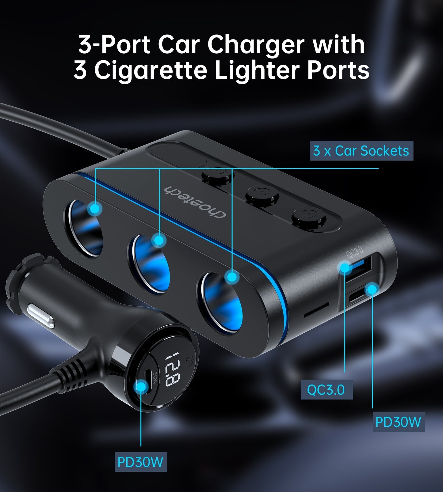 CHOETECH TC0021 3 Sockets 2C+1A Cigarette Lighter Splitter Black - Image 6