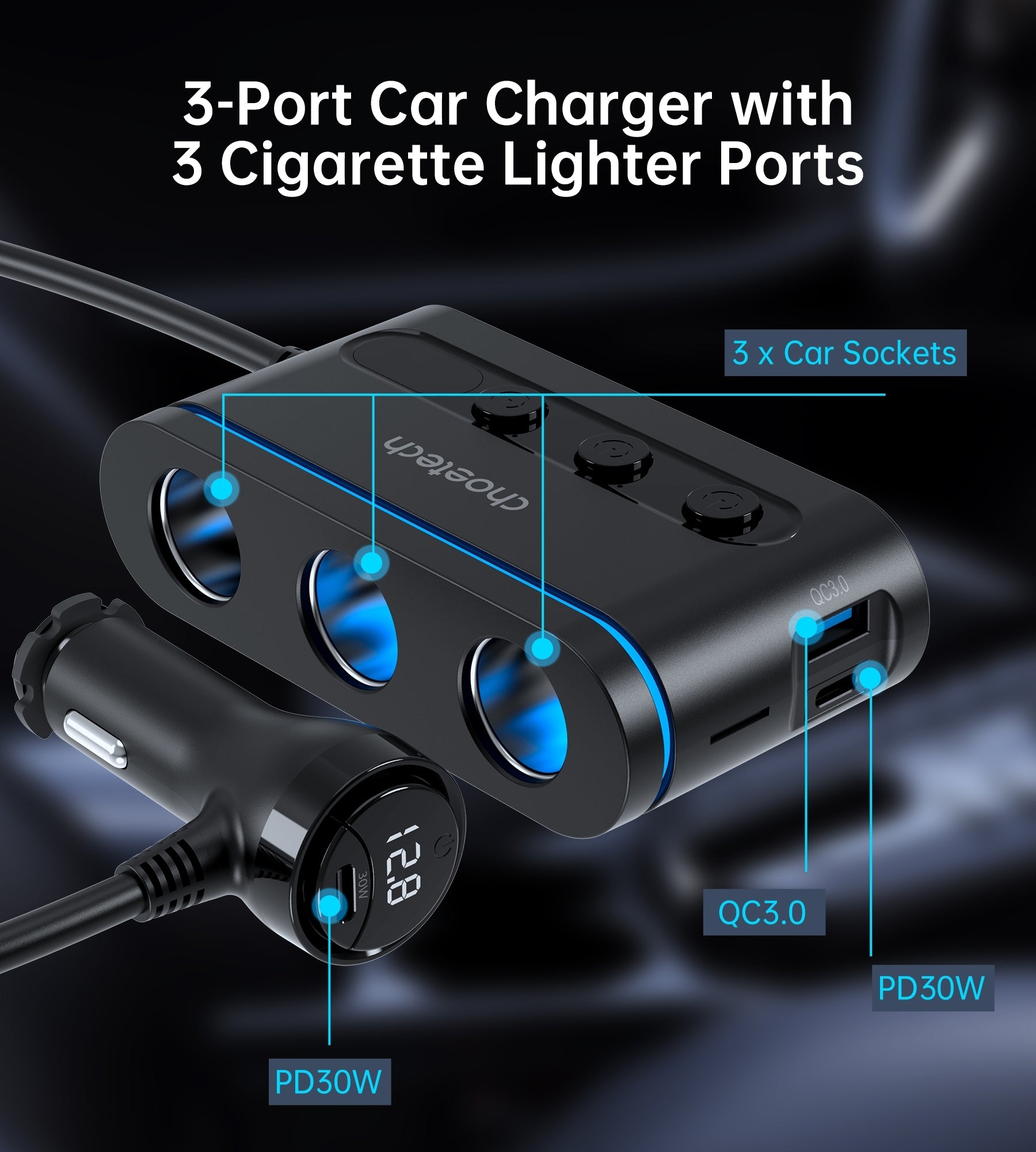 CHOETECH TC0021 3 Sockets 2C+1A Cigarette Lighter Splitter Black - Image 6