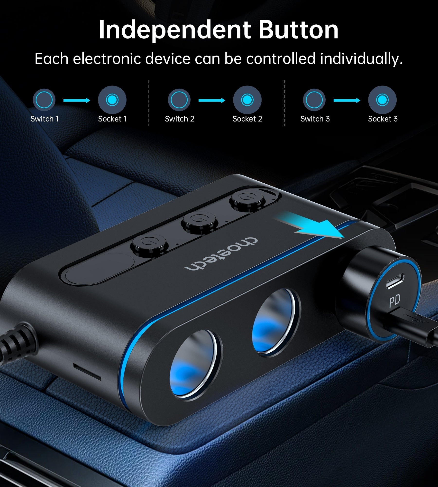 CHOETECH TC0021 3 Sockets 2C+1A Cigarette Lighter Splitter Black - Image 8