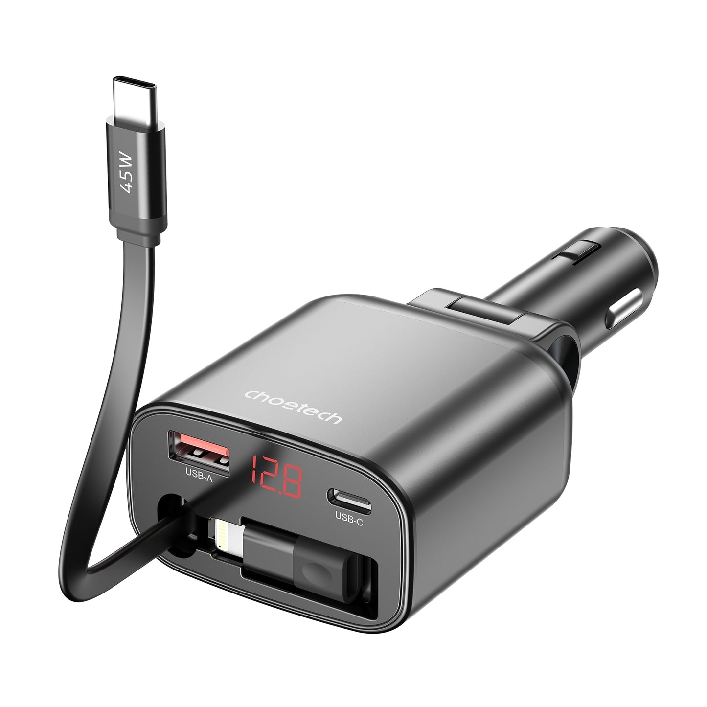 CHOETECH TC0033 105W USB-C+USB-A Fast car charger with Stretchable USB-C + Lightning cables - Image 2