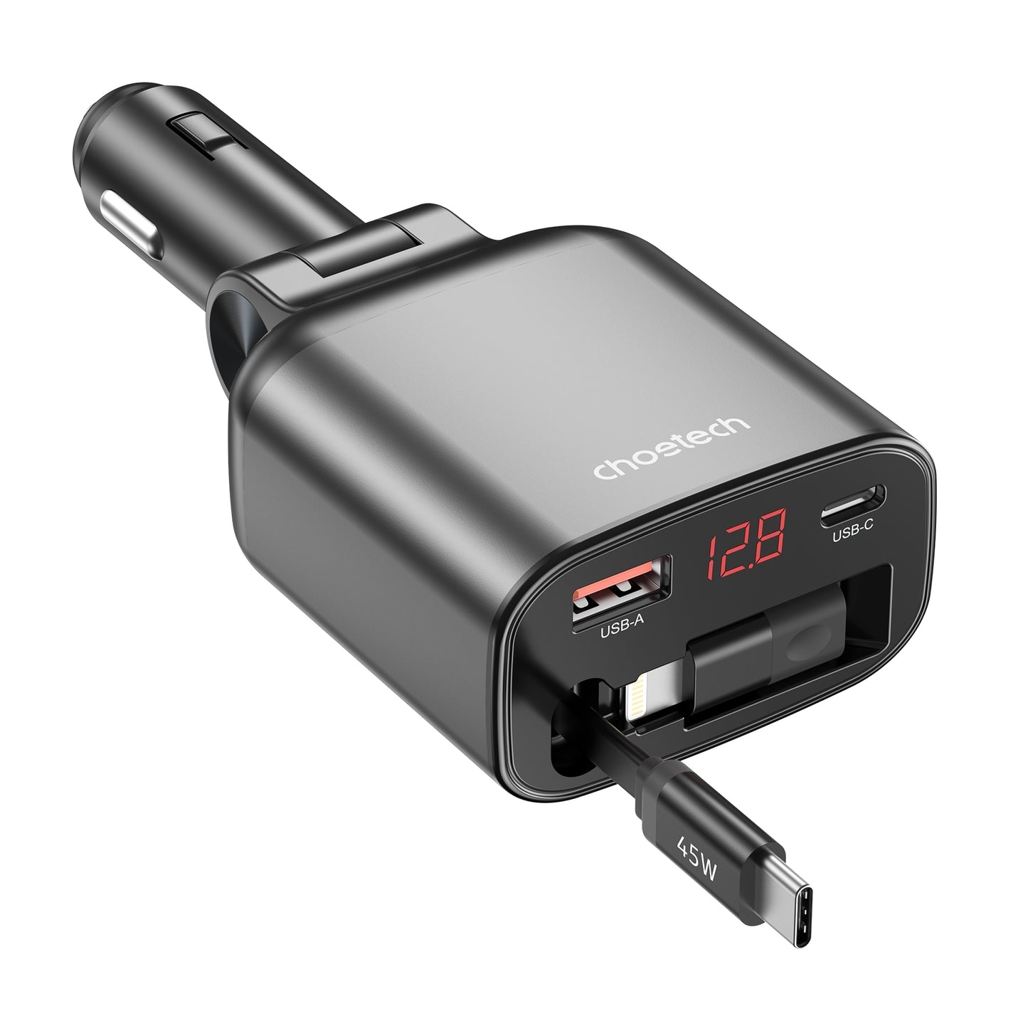 CHOETECH TC0033 105W USB-C+USB-A Fast car charger with Stretchable USB-C + Lightning cables - Image 3