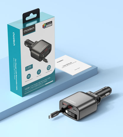 CHOETECH TC0033 105W USB-C+USB-A Fast car charger with Stretchable USB-C + Lightning cables - Image 4