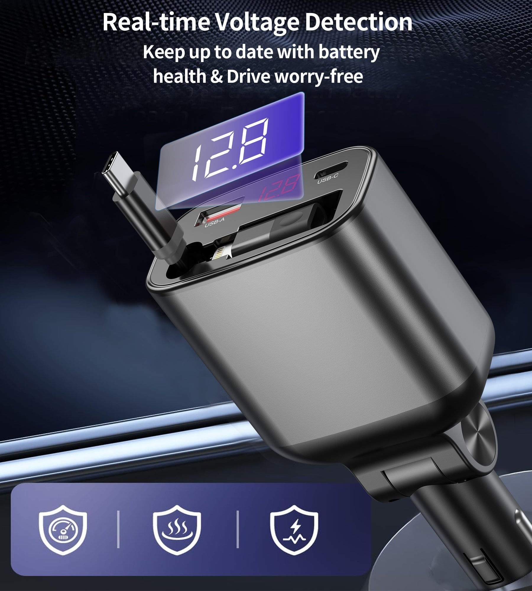CHOETECH TC0033 105W USB-C+USB-A Fast car charger with Stretchable USB-C + Lightning cables - Image 7