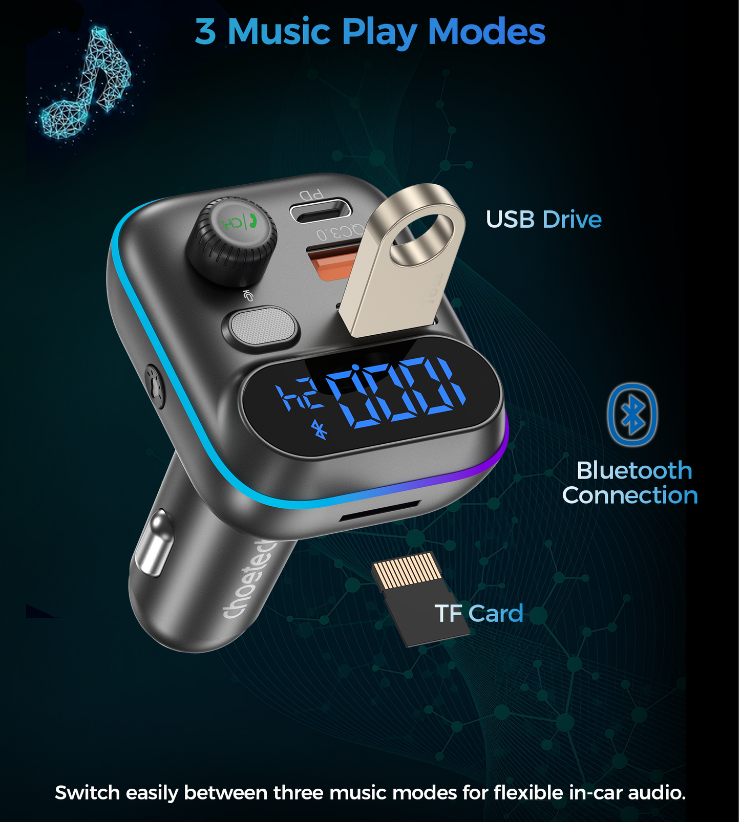 Choetech TC0050 PD36W Bluetooth FM Car Transmitter Charger - Image 4