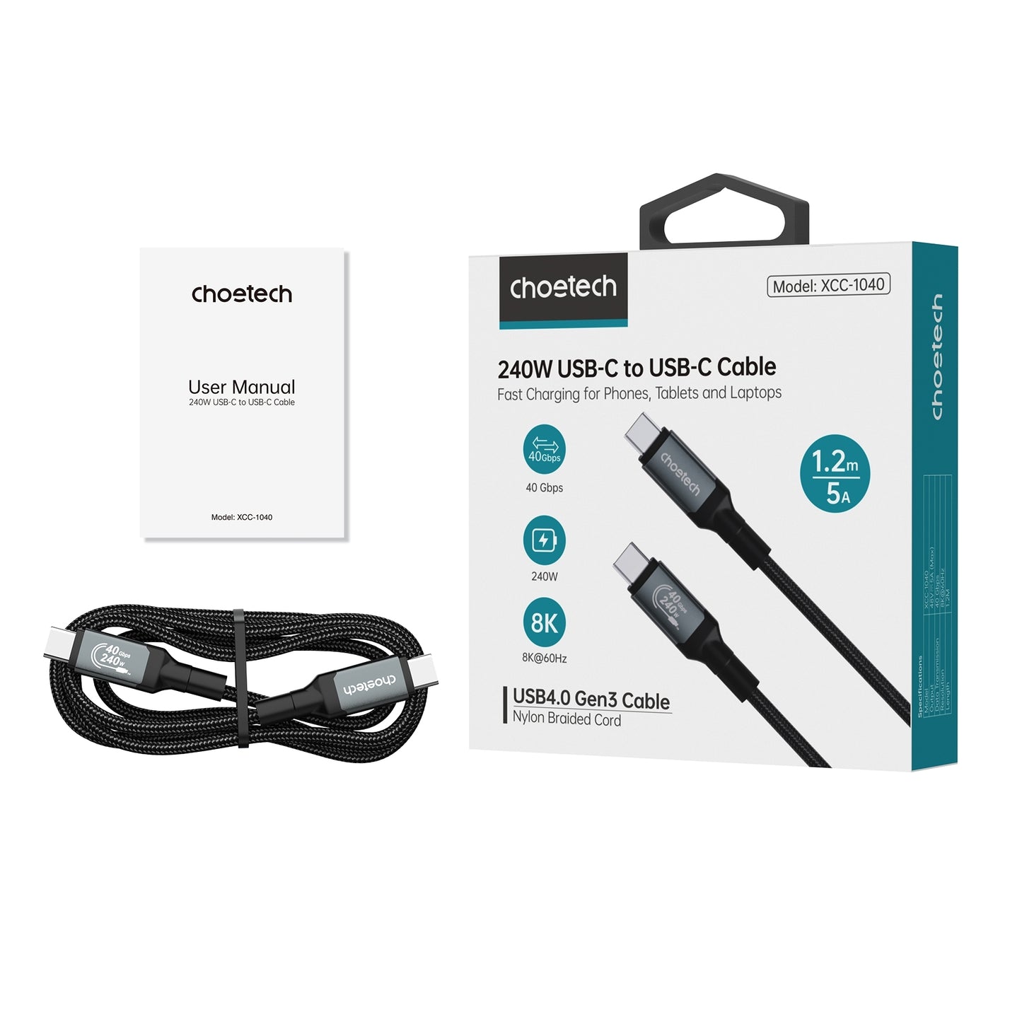 CHOETECH XCC-1042 Gen3.0 USB4.0 with 8K @ 60hz Video & Audio 240W USB-C to C Braided Cable 2M - Image 3