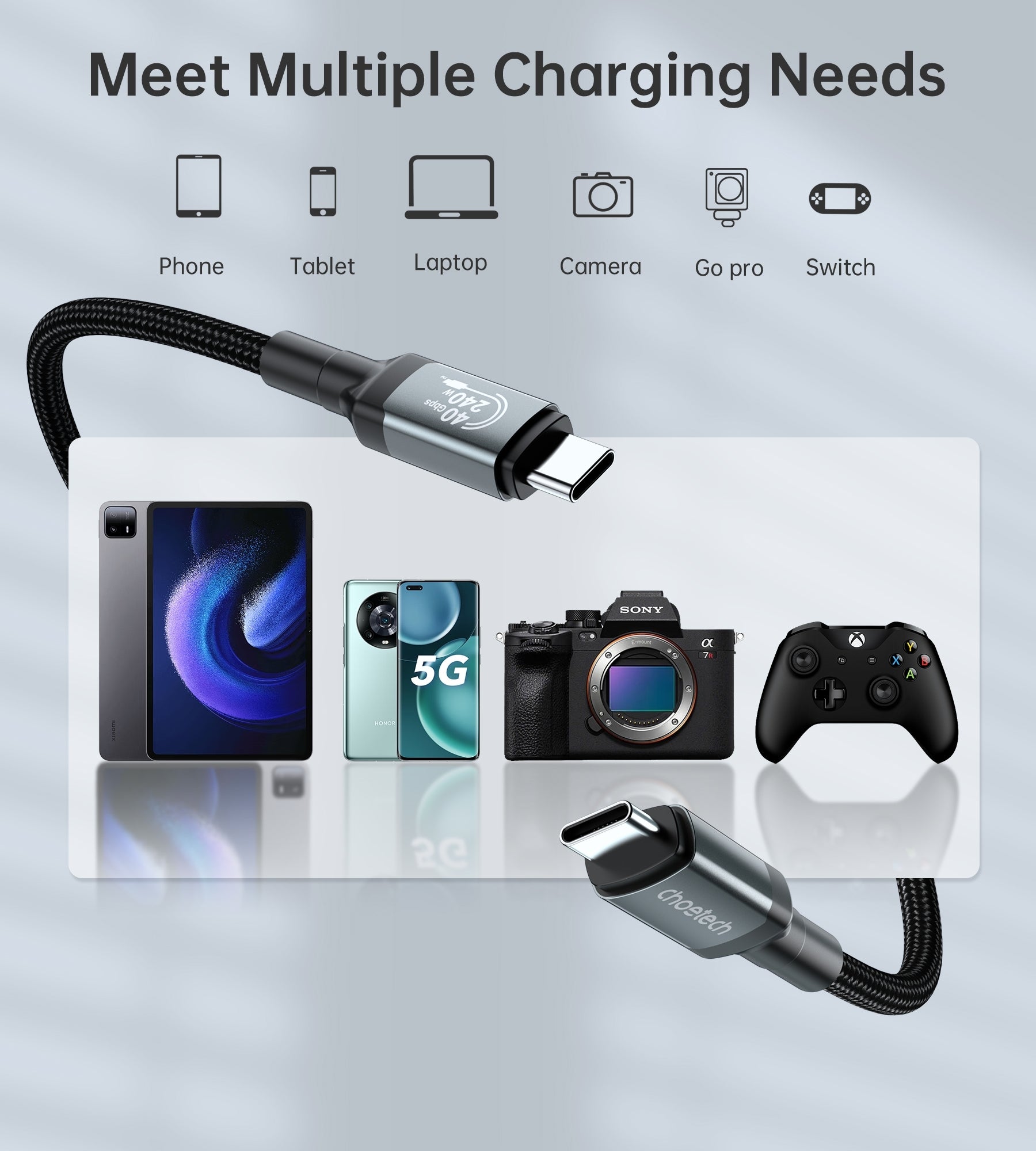 CHOETECH XCC-1042 Gen3.0 USB4.0 with 8K @ 60hz Video & Audio 240W USB-C to C Braided Cable 2M - Image 5