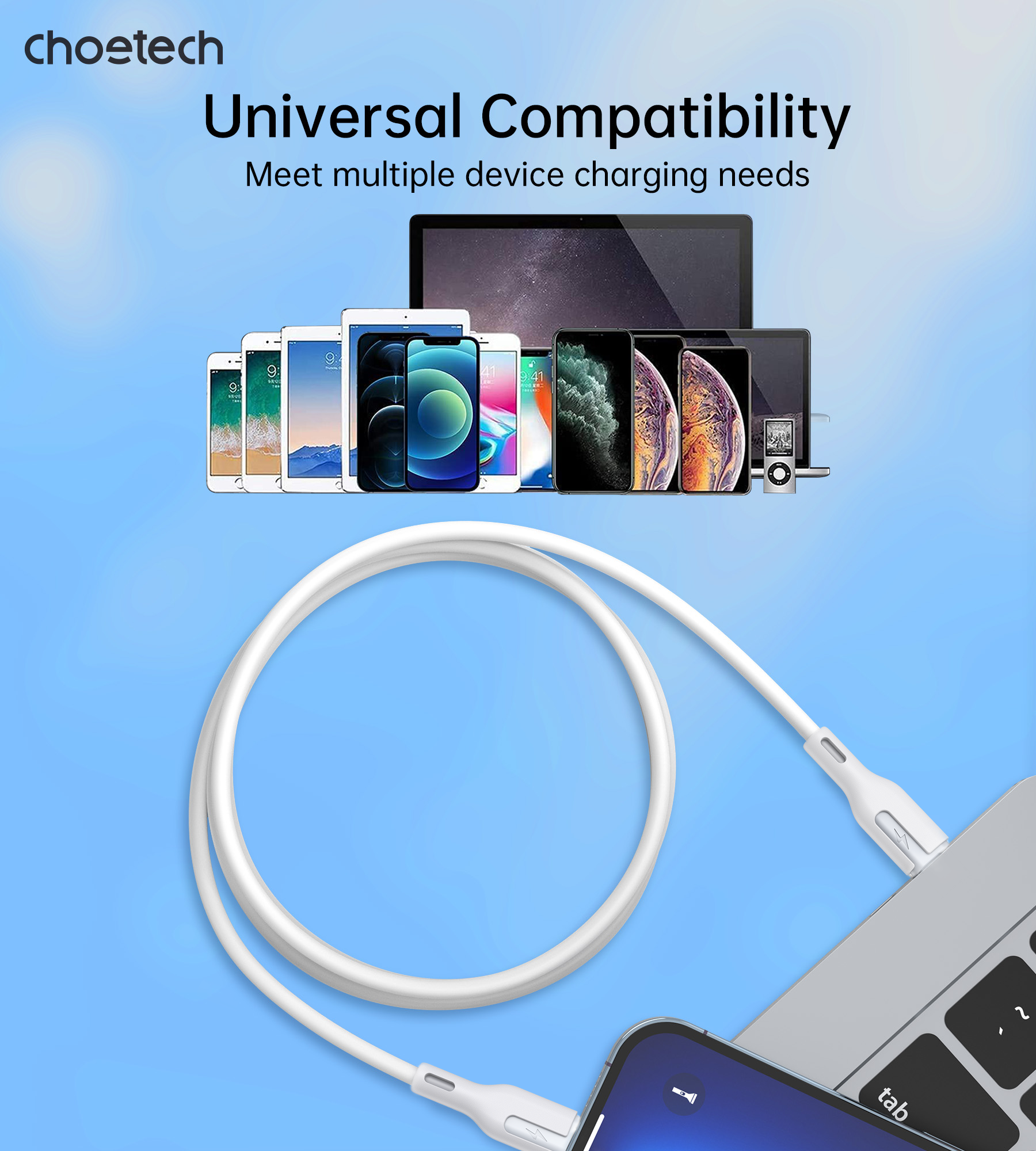 CHOETECH XCL-0002 Silicone USB-C to L Cable 1m White - Image 5