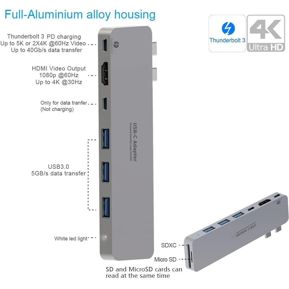 INTACT 9820T 8-in-1 Dual USB-C Adapter for MacBook/Pro HDMI/ Thunderbolt3/USB3.0*3/TypeC/SD/TF - Image 2