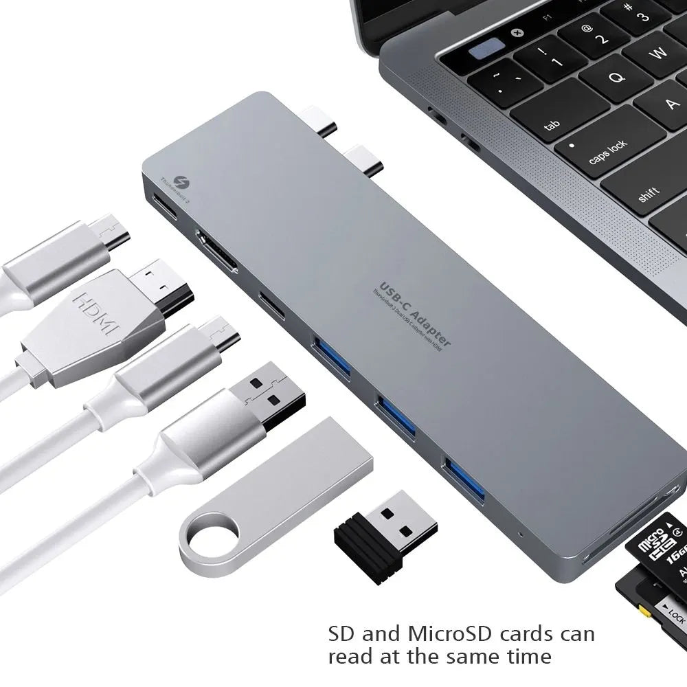 INTACT 9820T 8-in-1 Dual USB-C Adapter for MacBook/Pro HDMI/ Thunderbolt3/USB3.0*3/TypeC/SD/TF - Image 3