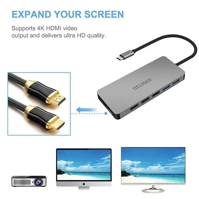 INTACT 9845T 11-in-1 USB-C Adapter HDMI/USB3.0*2/USB2.0*3/TypeC/SD*2/TF/ USB-C PD - Image 2