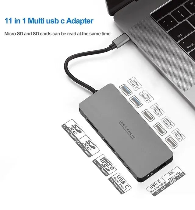 INTACT 9845T 11-in-1 USB-C Adapter HDMI/USB3.0*2/USB2.0*3/TypeC/SD*2/TF/ USB-C PD - Image 5