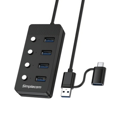 Simplecom CH345C SuperSpeed USB-A and USB-C to 4-Port USB 3.0 Hub 5Gbps Individual Switches and Power Adapter - Image 2