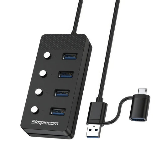 Simplecom CH345C SuperSpeed USB-A and USB-C to 4-Port USB 3.0 Hub 5Gbps Individual Switches and Power Adapter - Image 2