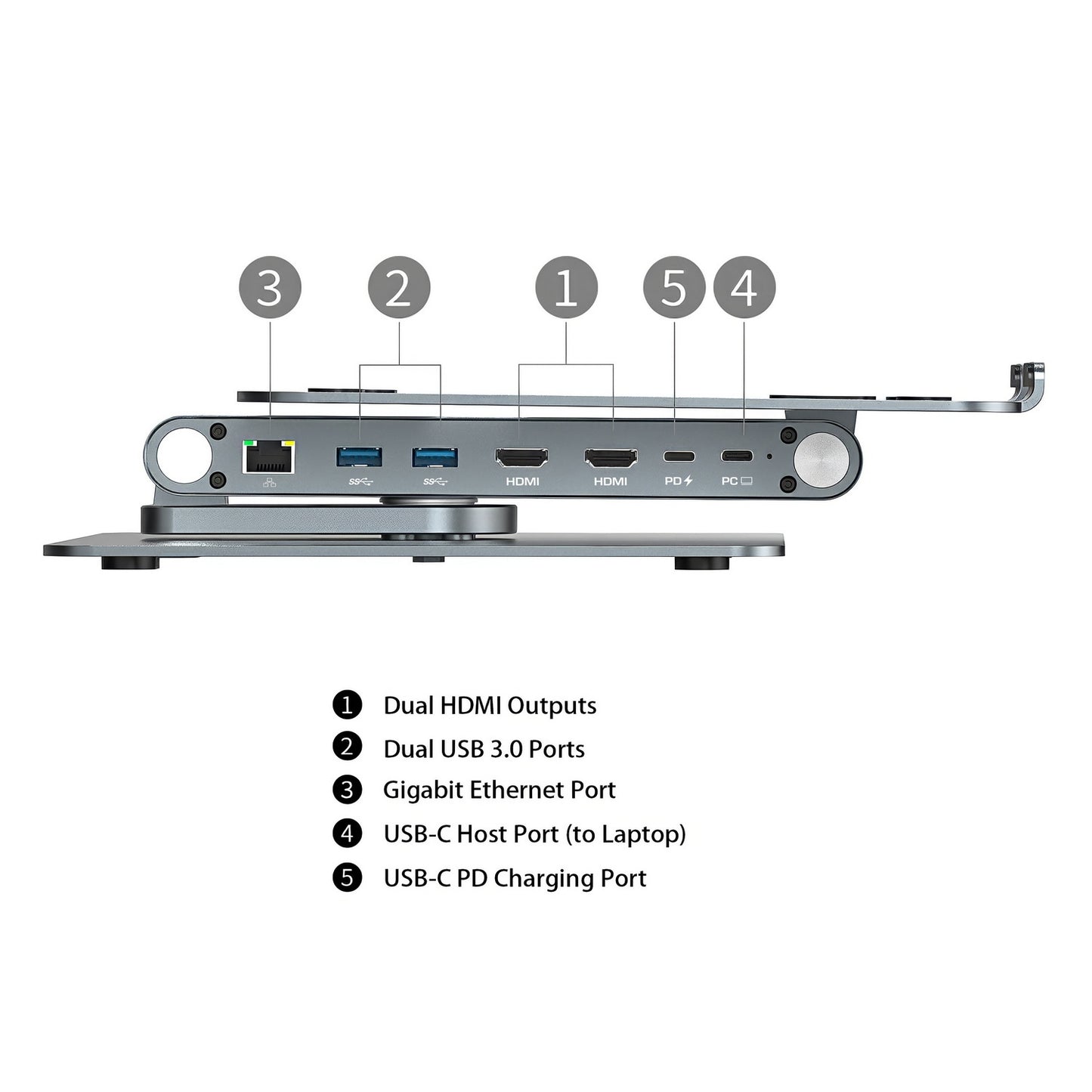 Simplecom CHT660 Adjustable Aluminium Laptop Stand with 6-Port USB-C Docking Station Dual 4K HDMI Display - Image 5