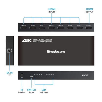 Simplecom CM317 7-Port HDMI 2.0 Switch with Remote 7 IN 1 OUT Splitter HDCP 2.2 4K@60Hz  - Image 3