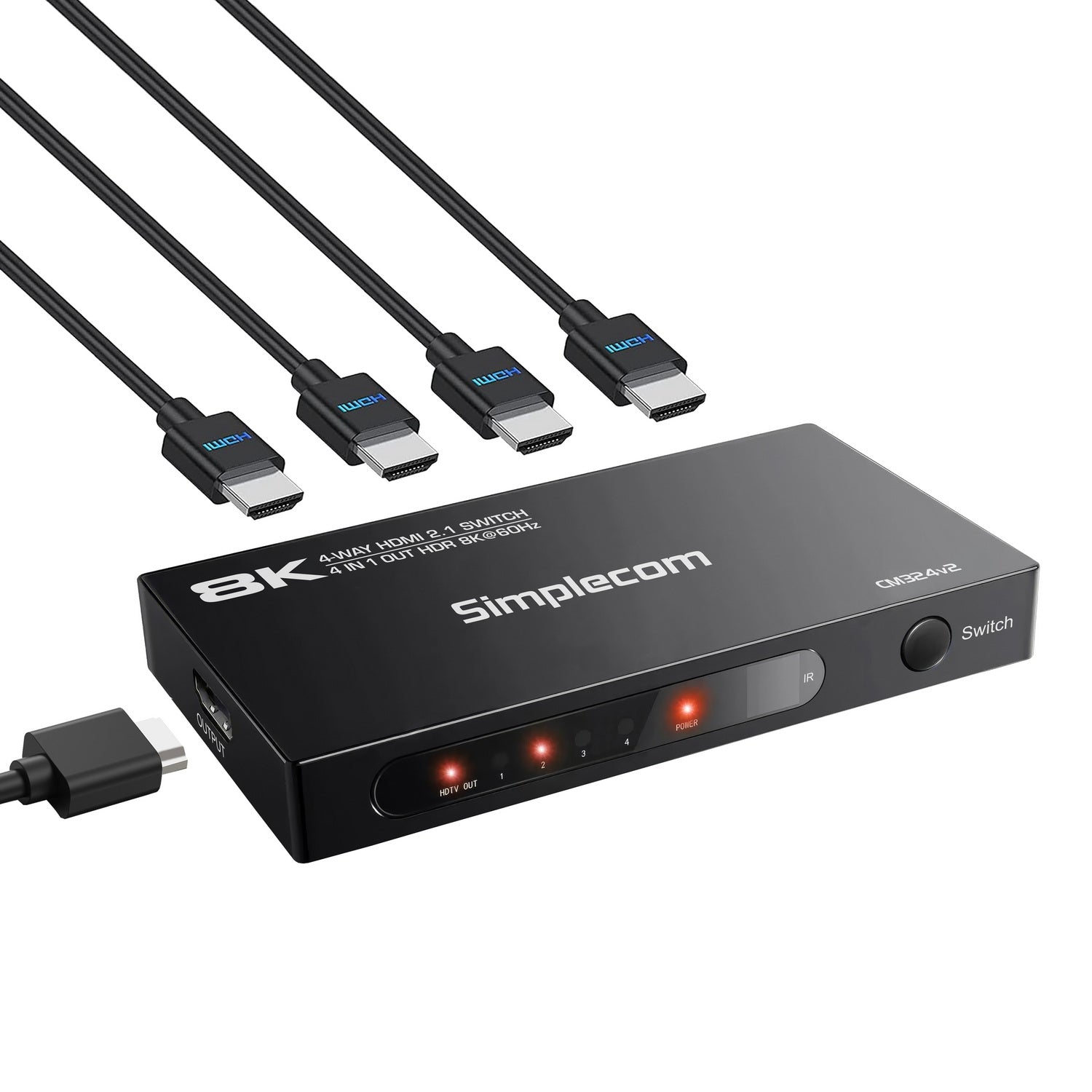Simplecom CM324v2 4-Port HDMI 2.1 Switch with Remote 4 IN 1 OUT Splitter HDCP 2.3 8K@60Hz - Image 2