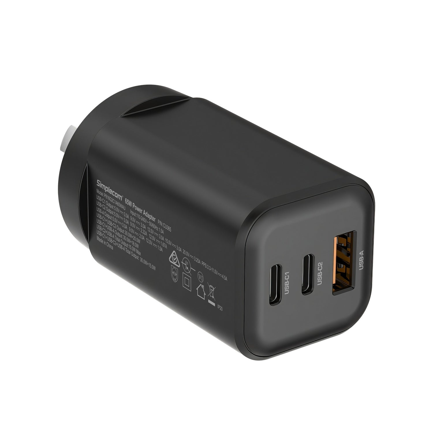 Simplecom CU365 3-Port PD 65W GaN Wall Charger Dual USB-C + USB-A for Phone Laptop - Image 2