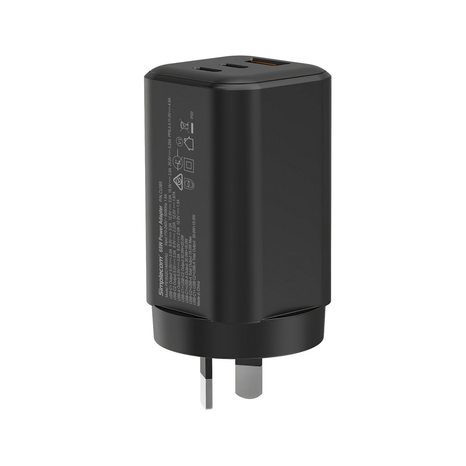 Simplecom CU365 3-Port PD 65W GaN Wall Charger Dual USB-C + USB-A for Phone Laptop - Image 4