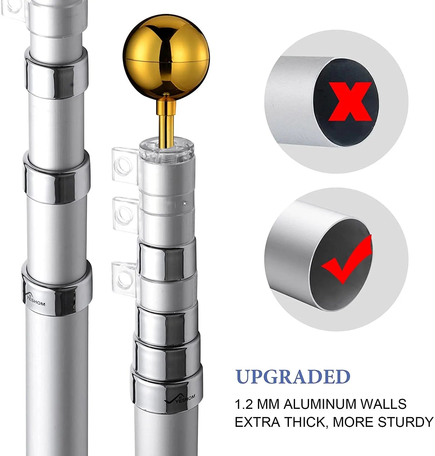 Rustproof Aluminum Flag Pole with 7.2m, Heavy-Duty Telescoping Pole for Outdoors, Gardens, Roof Walls, Durable Pole Set - Image 2